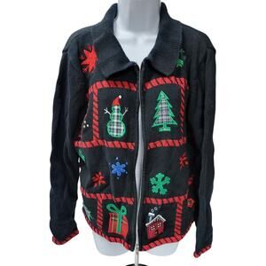 VTG Christmas Sweater Womens XL Cardigan cozy bear cabin snow Embroidered Zip